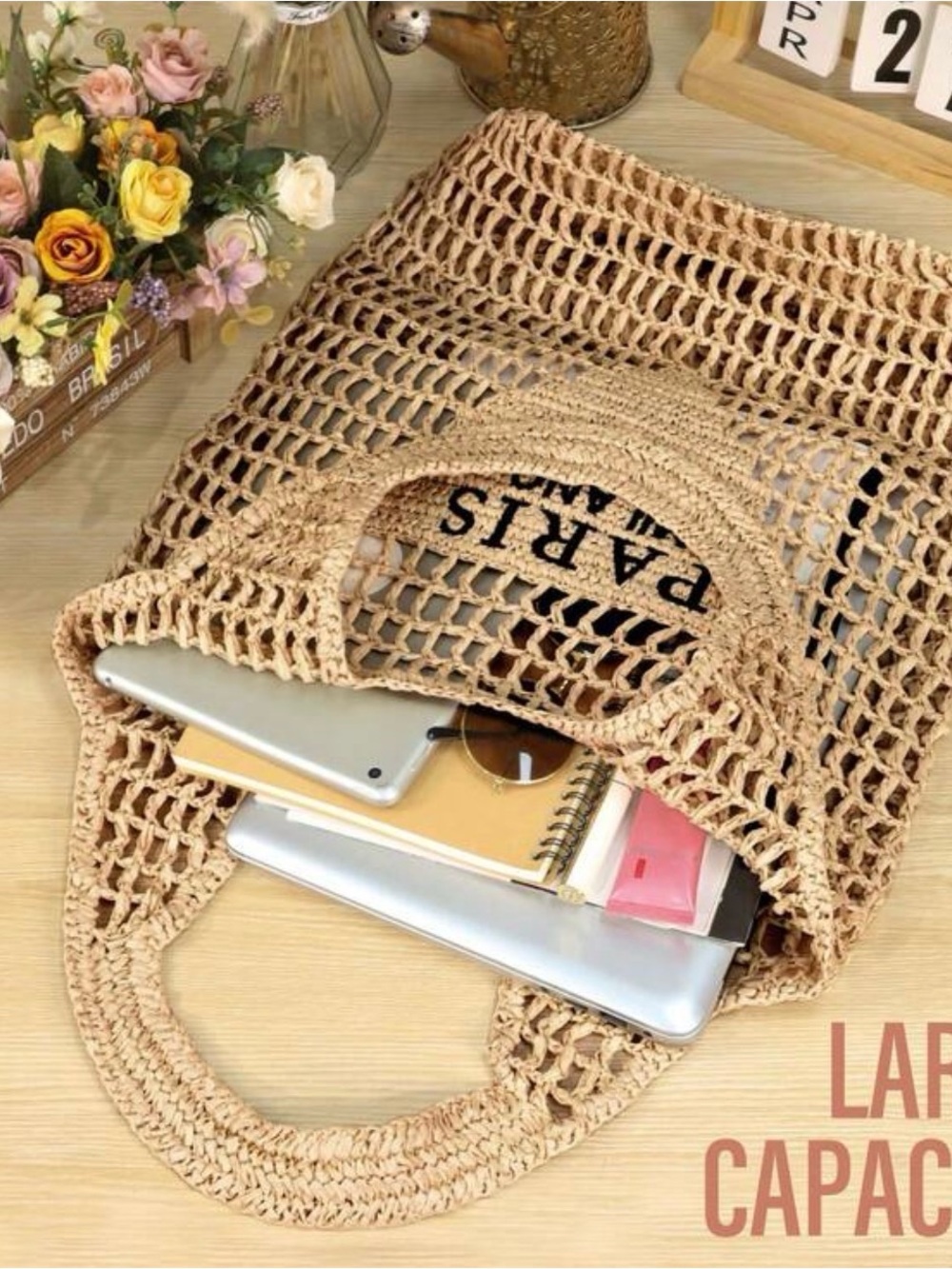 NWT Handmade Straw, Woven Mesh Beach Bag, Shoulder Bag,
in Natural - Accent - Picture 3 of 5